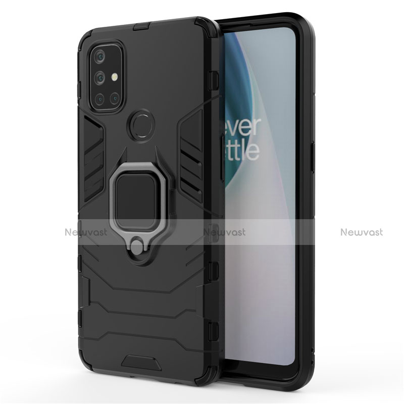 Silicone Matte Finish and Plastic Back Cover Case with Magnetic Finger Ring Stand for OnePlus Nord N10 5G Black
