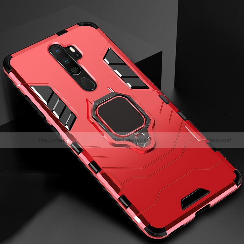 Silicone Matte Finish and Plastic Back Cover Case with Magnetic Finger Ring Stand for Oppo A11 Red