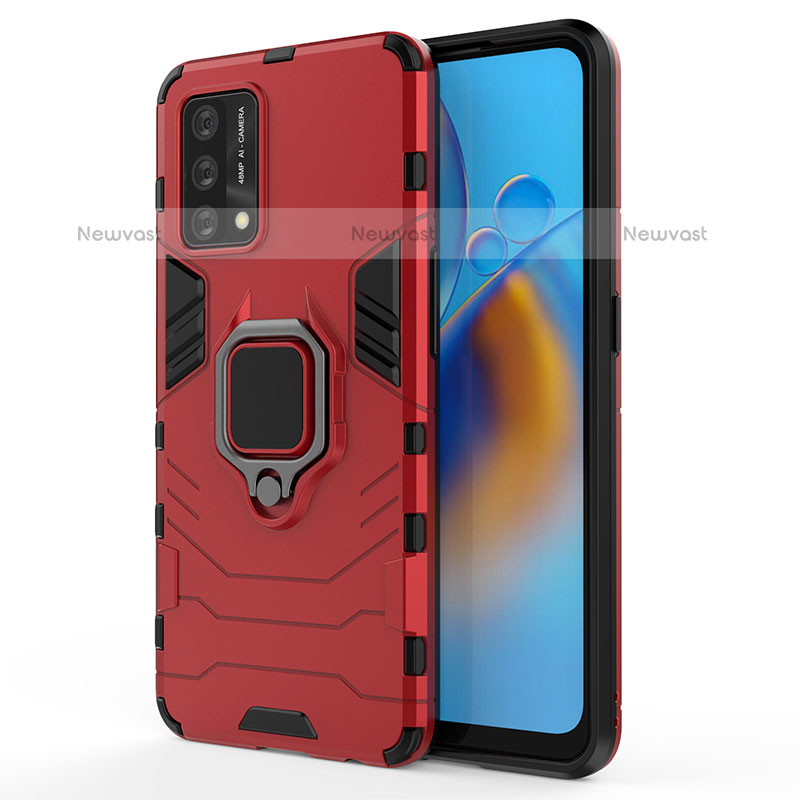 Silicone Matte Finish and Plastic Back Cover Case with Magnetic Finger Ring Stand for Oppo A74 4G Red