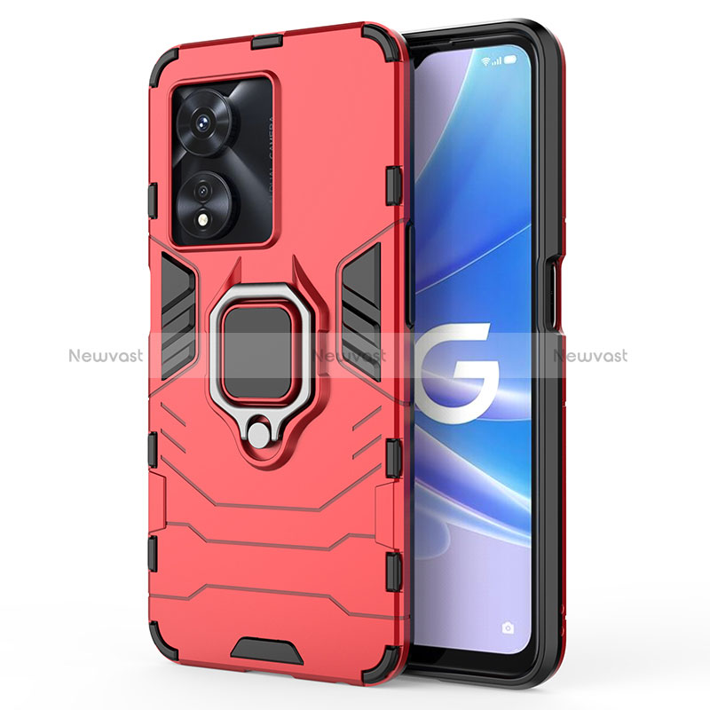Silicone Matte Finish and Plastic Back Cover Case with Magnetic Finger Ring Stand for Oppo A78 5G Red