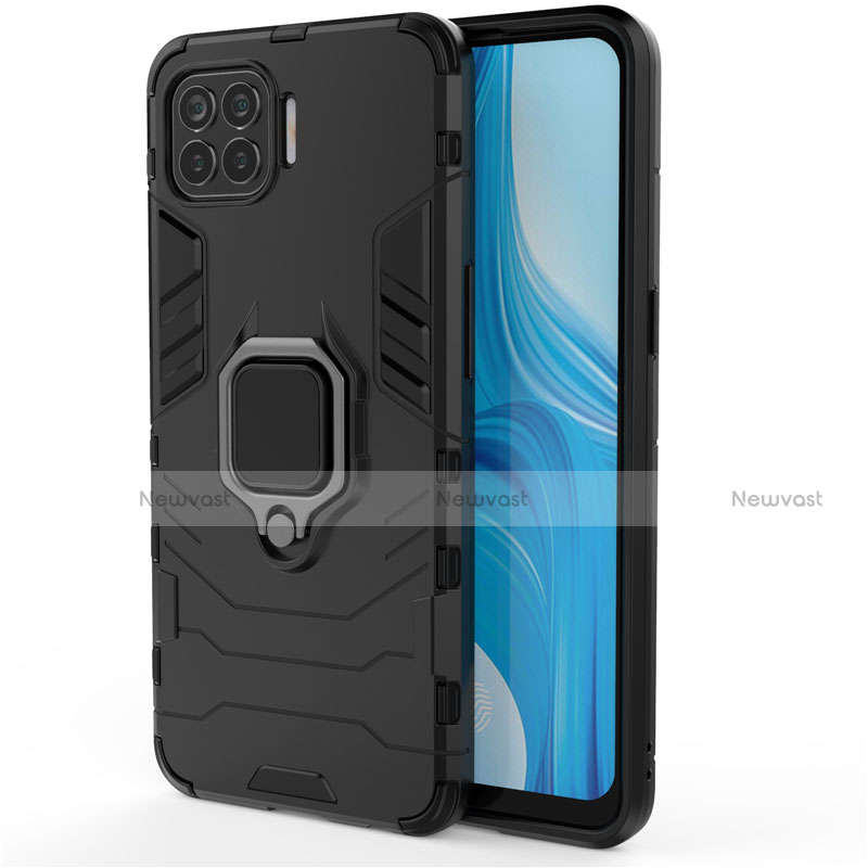 Silicone Matte Finish and Plastic Back Cover Case with Magnetic Finger Ring Stand for Oppo A93 Black