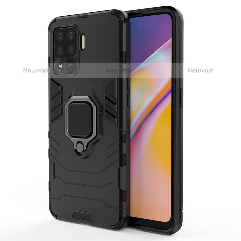 Silicone Matte Finish and Plastic Back Cover Case with Magnetic Finger Ring Stand for Oppo A94 4G Black