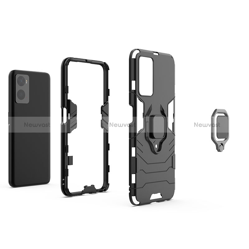 Silicone Matte Finish and Plastic Back Cover Case with Magnetic Finger Ring Stand for Oppo A96 4G