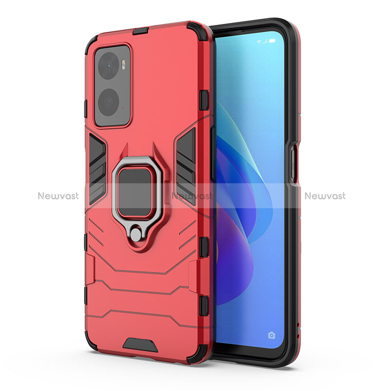 Silicone Matte Finish and Plastic Back Cover Case with Magnetic Finger Ring Stand for Oppo A96 4G Red