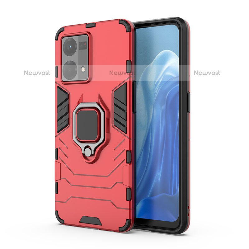 Silicone Matte Finish and Plastic Back Cover Case with Magnetic Finger Ring Stand for Oppo F21s Pro 4G Red