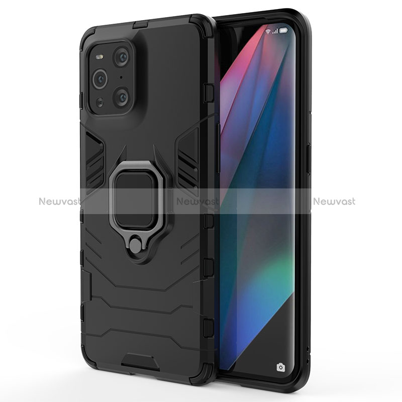 Silicone Matte Finish and Plastic Back Cover Case with Magnetic Finger Ring Stand for Oppo Find X3 5G