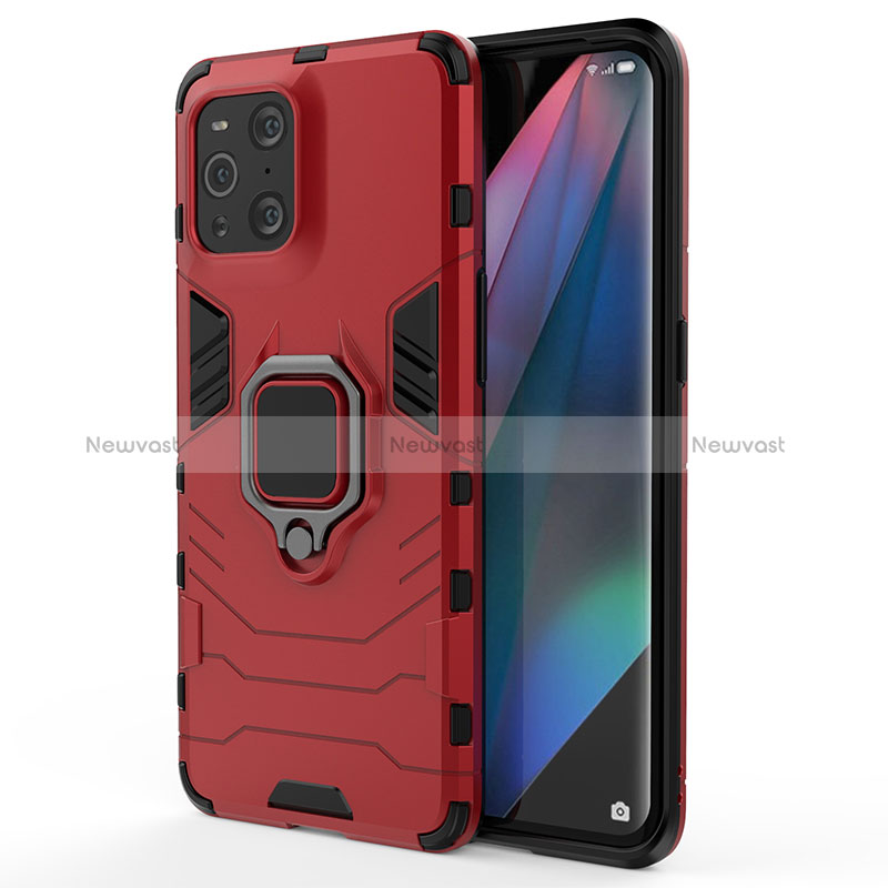 Silicone Matte Finish and Plastic Back Cover Case with Magnetic Finger Ring Stand for Oppo Find X3 5G