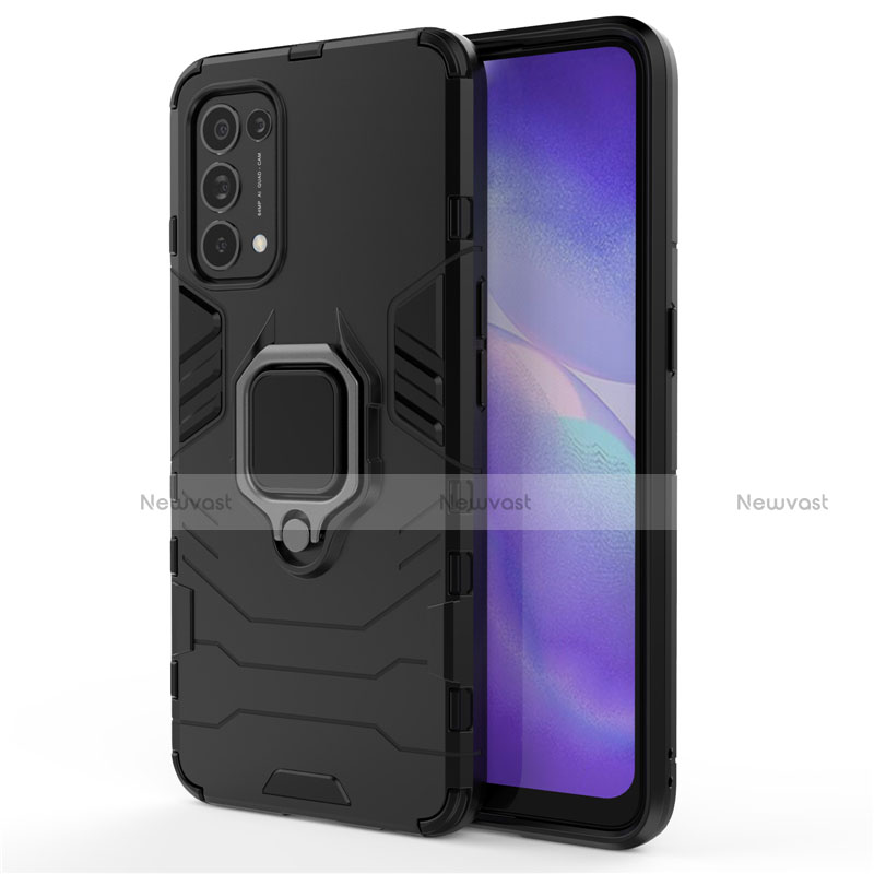 Silicone Matte Finish and Plastic Back Cover Case with Magnetic Finger Ring Stand for Oppo Find X3 Lite 5G Black