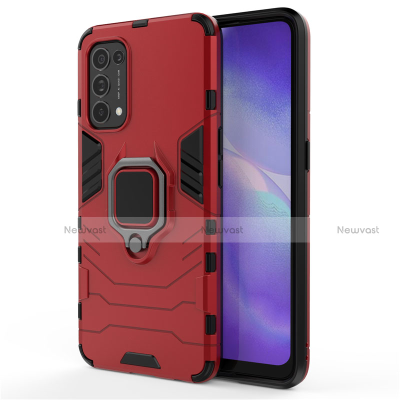 Silicone Matte Finish and Plastic Back Cover Case with Magnetic Finger Ring Stand for Oppo Find X3 Lite 5G Red