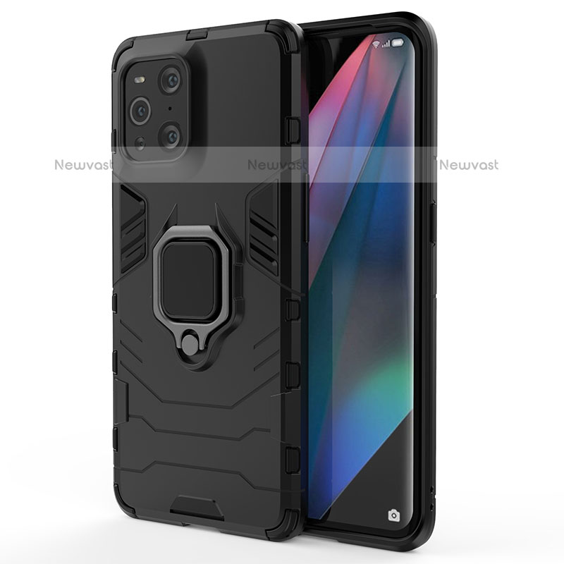 Silicone Matte Finish and Plastic Back Cover Case with Magnetic Finger Ring Stand for Oppo Find X3 Pro 5G