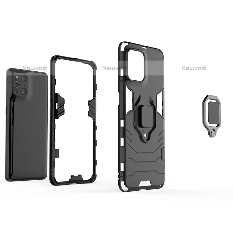 Silicone Matte Finish and Plastic Back Cover Case with Magnetic Finger Ring Stand for Oppo Find X3 Pro 5G