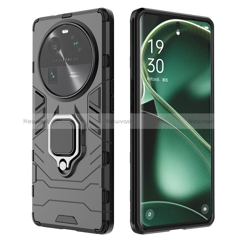 Silicone Matte Finish and Plastic Back Cover Case with Magnetic Finger Ring Stand for Oppo Find X6 Pro 5G