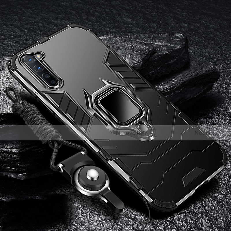Silicone Matte Finish and Plastic Back Cover Case with Magnetic Finger Ring Stand for Oppo K7 5G Black
