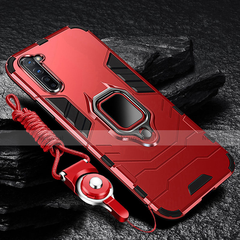 Silicone Matte Finish and Plastic Back Cover Case with Magnetic Finger Ring Stand for Oppo K7 5G Red