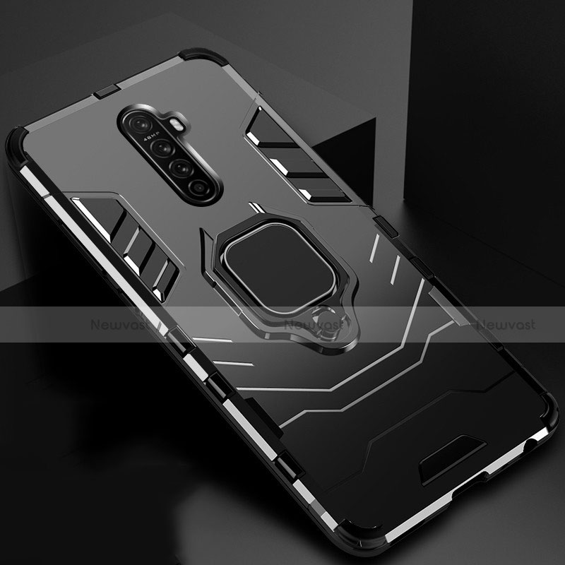 Silicone Matte Finish and Plastic Back Cover Case with Magnetic Finger Ring Stand for Oppo Reno Ace Black