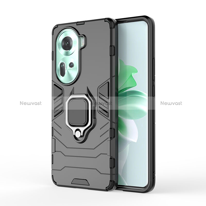 Silicone Matte Finish and Plastic Back Cover Case with Magnetic Finger Ring Stand for Oppo Reno11 5G