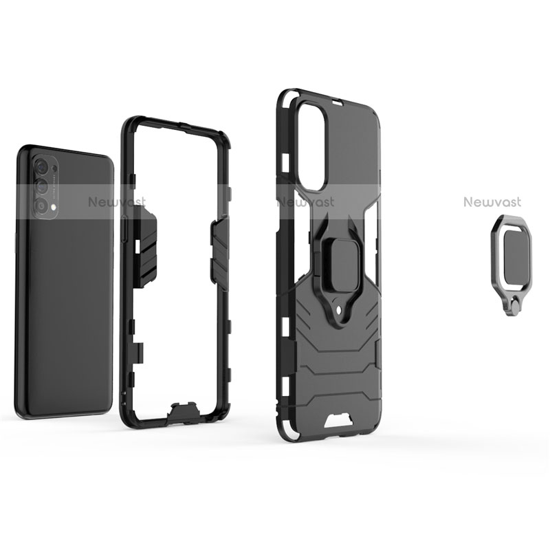 Silicone Matte Finish and Plastic Back Cover Case with Magnetic Finger Ring Stand for Oppo Reno4 4G