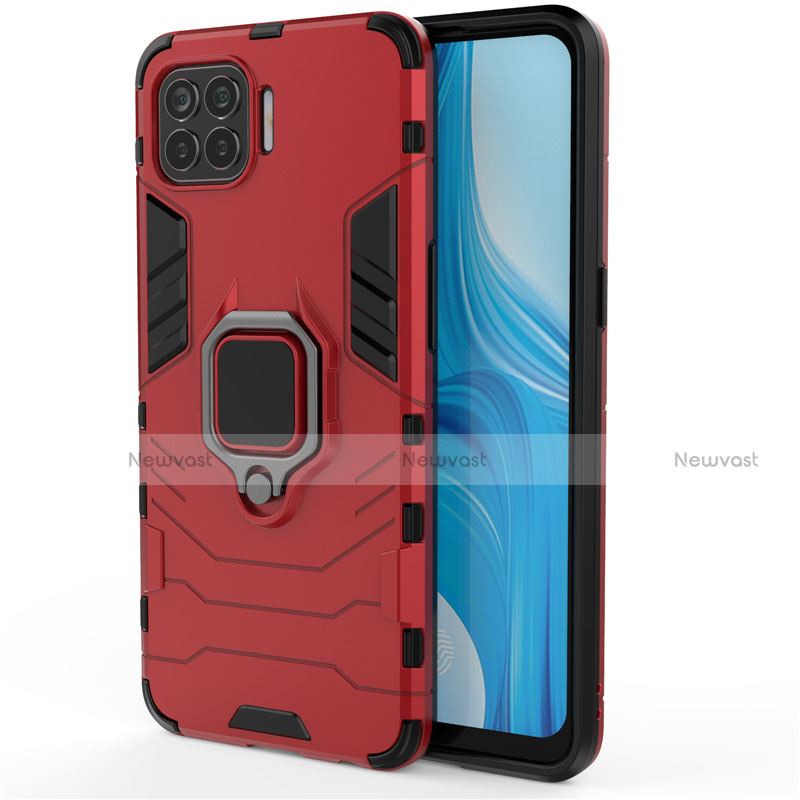 Silicone Matte Finish and Plastic Back Cover Case with Magnetic Finger Ring Stand for Oppo Reno4 F Red