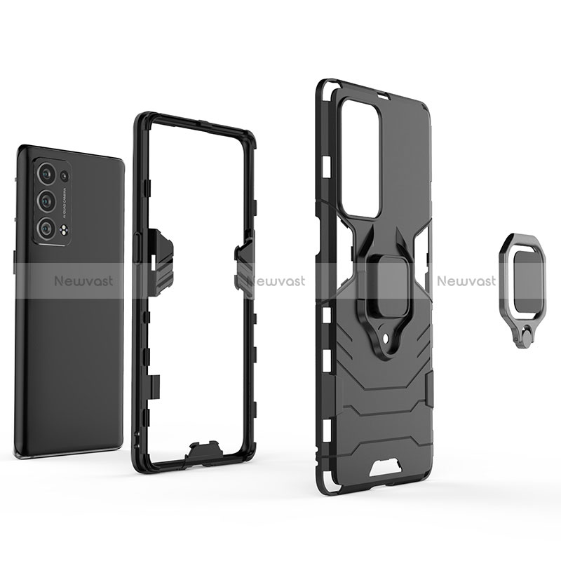 Silicone Matte Finish and Plastic Back Cover Case with Magnetic Finger Ring Stand for Oppo Reno6 Pro 5G