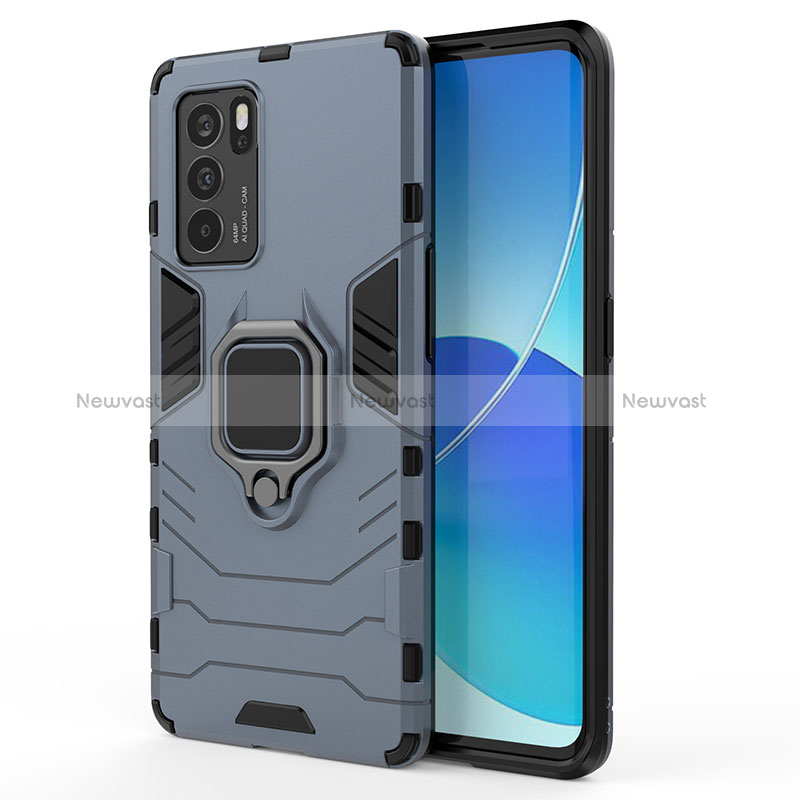 Silicone Matte Finish and Plastic Back Cover Case with Magnetic Finger Ring Stand for Oppo Reno6 Pro 5G India Blue