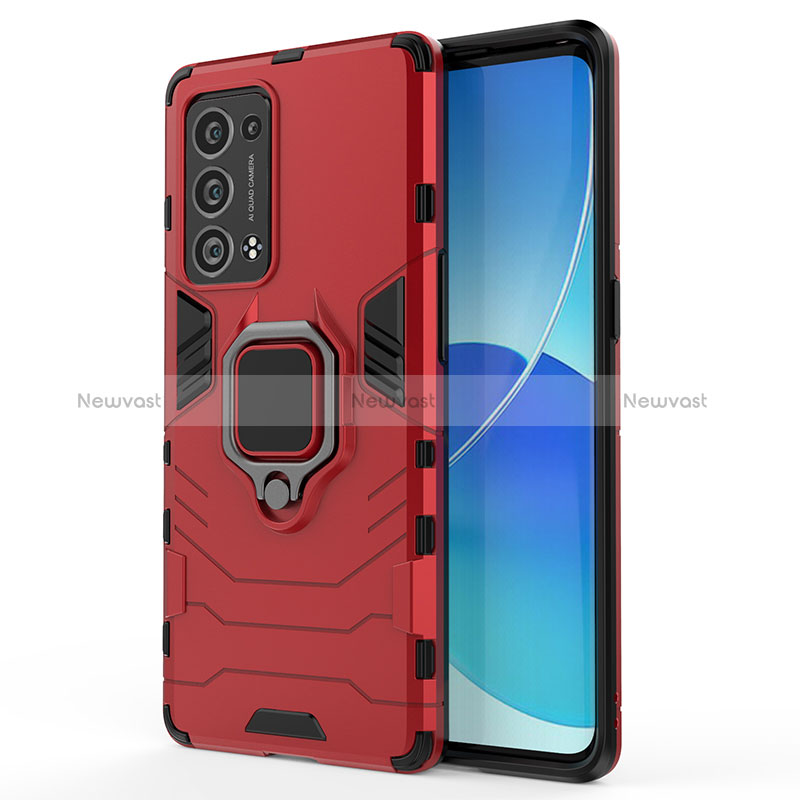 Silicone Matte Finish and Plastic Back Cover Case with Magnetic Finger Ring Stand for Oppo Reno6 Pro 5G Red