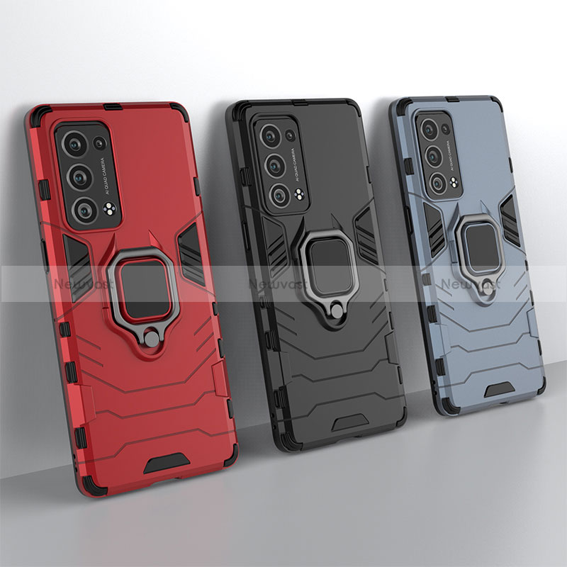 Silicone Matte Finish and Plastic Back Cover Case with Magnetic Finger Ring Stand for Oppo Reno6 Pro+ Plus 5G