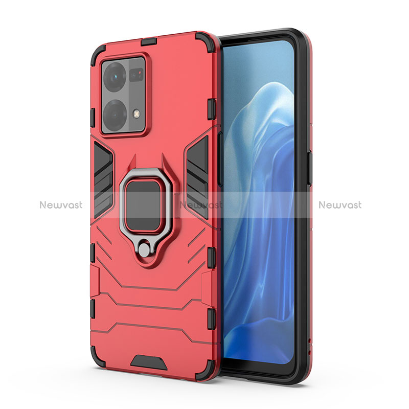 Silicone Matte Finish and Plastic Back Cover Case with Magnetic Finger Ring Stand for Oppo Reno7 4G Red