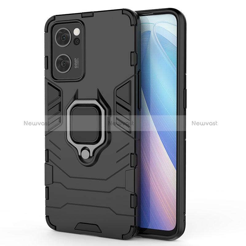 Silicone Matte Finish and Plastic Back Cover Case with Magnetic Finger Ring Stand for Oppo Reno7 5G Black