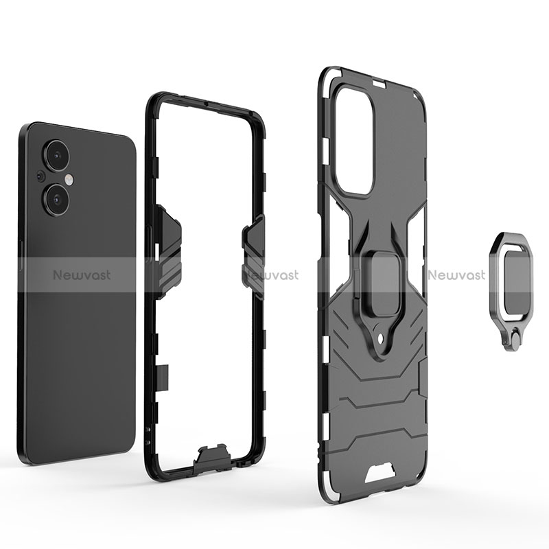 Silicone Matte Finish and Plastic Back Cover Case with Magnetic Finger Ring Stand for Oppo Reno7 Lite 5G