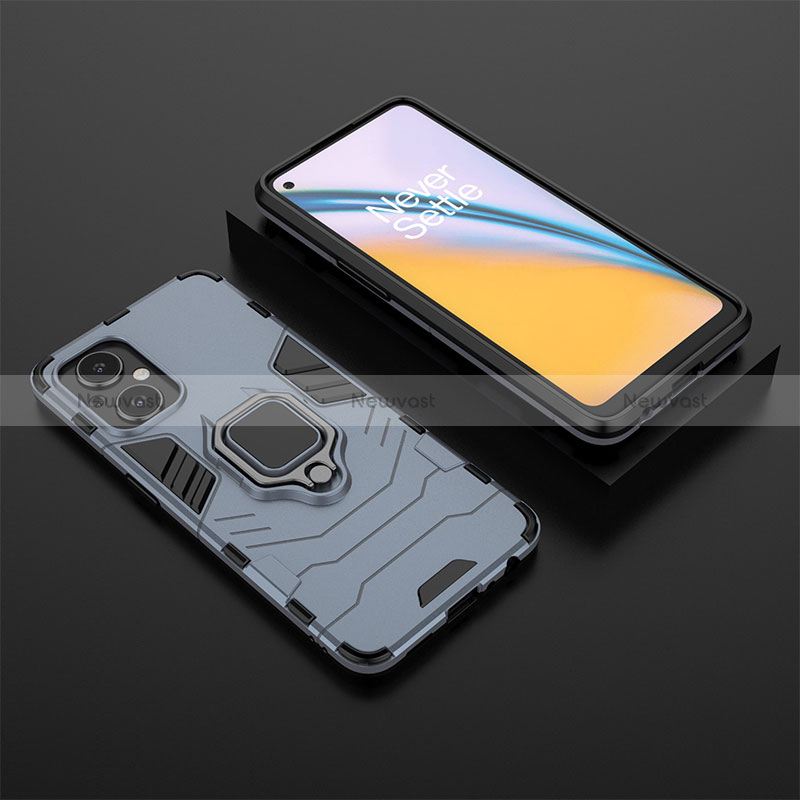 Silicone Matte Finish and Plastic Back Cover Case with Magnetic Finger Ring Stand for Oppo Reno7 Lite 5G Blue