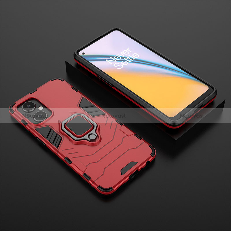 Silicone Matte Finish and Plastic Back Cover Case with Magnetic Finger Ring Stand for Oppo Reno7 Lite 5G Red