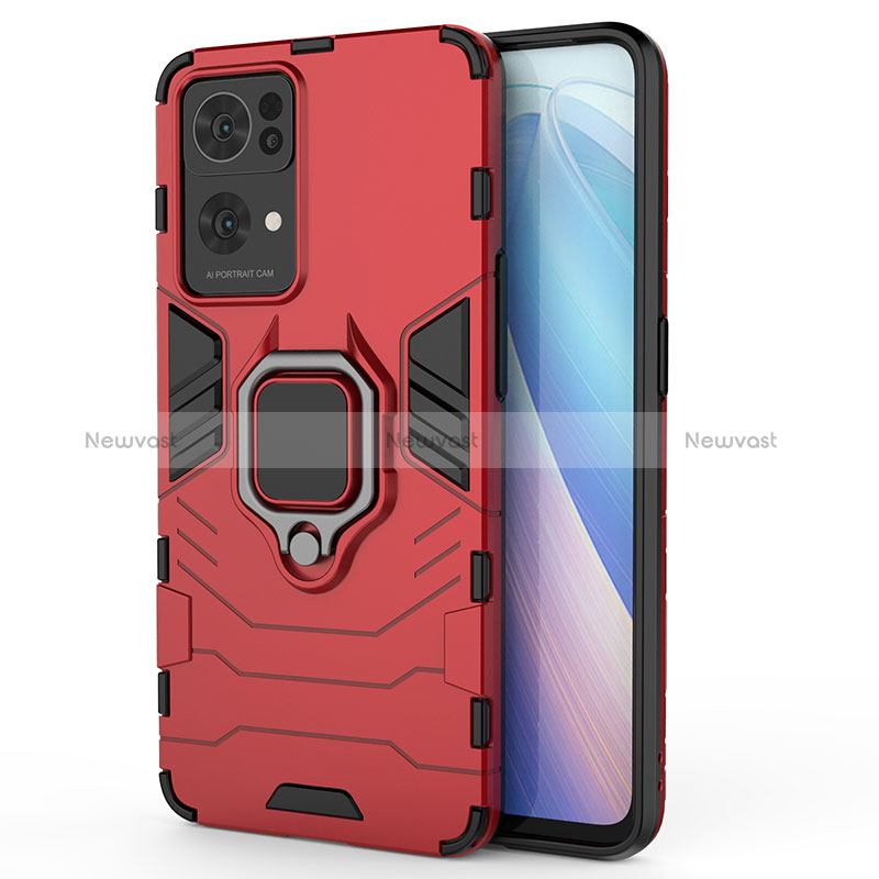 Silicone Matte Finish and Plastic Back Cover Case with Magnetic Finger Ring Stand for Oppo Reno7 Pro 5G