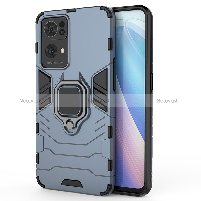 Silicone Matte Finish and Plastic Back Cover Case with Magnetic Finger Ring Stand for Oppo Reno7 Pro 5G Blue