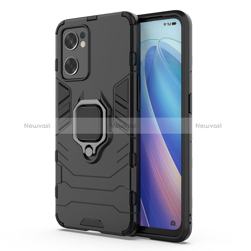 Silicone Matte Finish and Plastic Back Cover Case with Magnetic Finger Ring Stand for Oppo Reno7 SE 5G