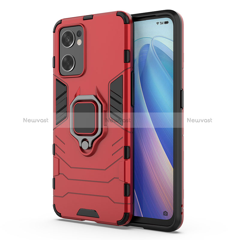 Silicone Matte Finish and Plastic Back Cover Case with Magnetic Finger Ring Stand for Oppo Reno7 SE 5G Red