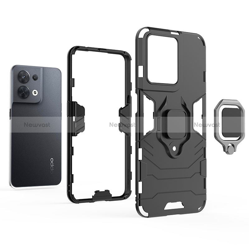 Silicone Matte Finish and Plastic Back Cover Case with Magnetic Finger Ring Stand for Oppo Reno8 5G