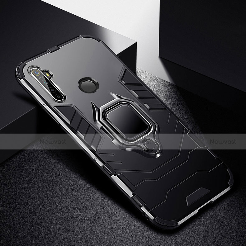 Silicone Matte Finish and Plastic Back Cover Case with Magnetic Finger Ring Stand for Realme 5 Pro