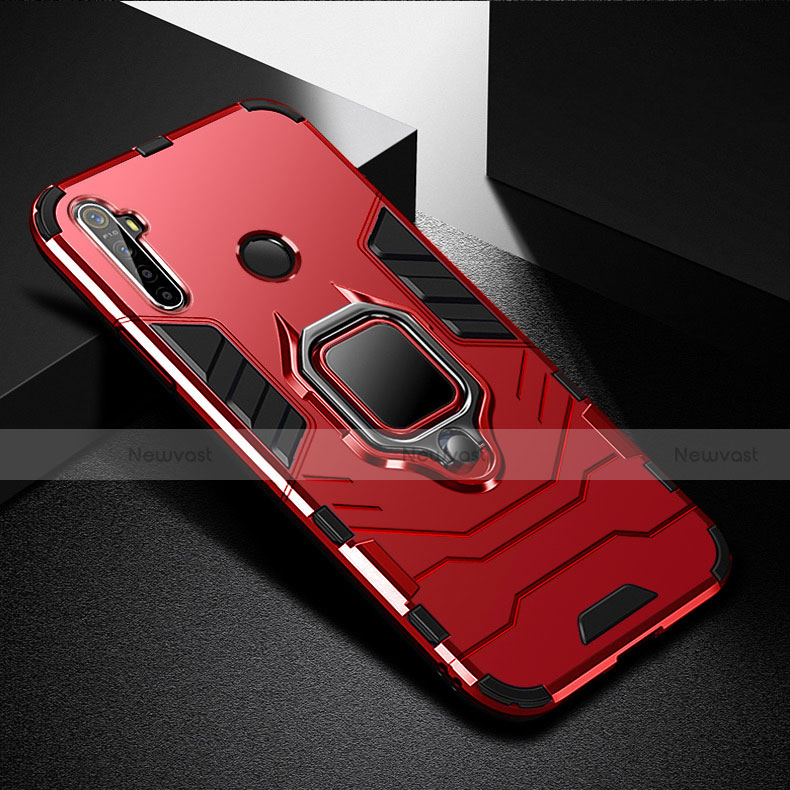 Silicone Matte Finish and Plastic Back Cover Case with Magnetic Finger Ring Stand for Realme 5 Pro Red