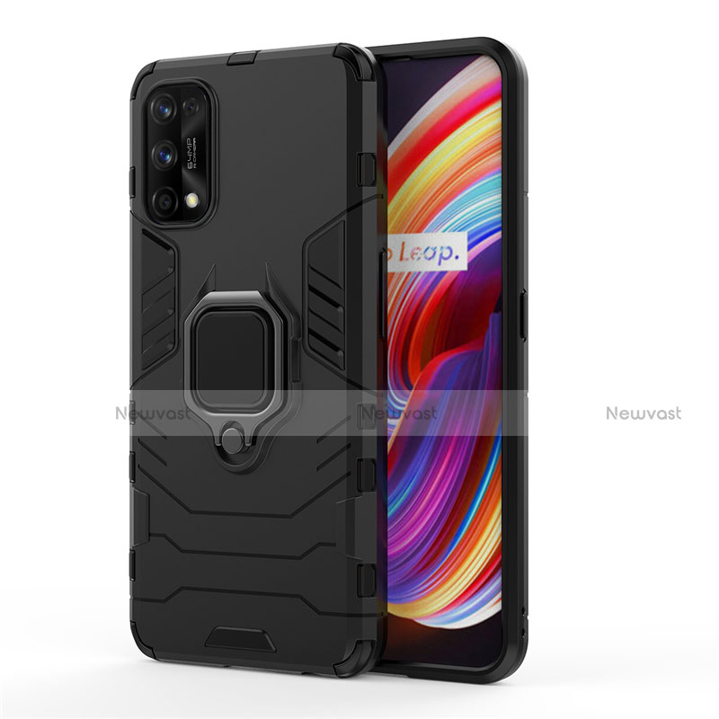 Silicone Matte Finish and Plastic Back Cover Case with Magnetic Finger Ring Stand for Realme 7 Pro Black