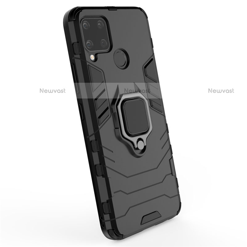 Silicone Matte Finish and Plastic Back Cover Case with Magnetic Finger Ring Stand for Realme C15