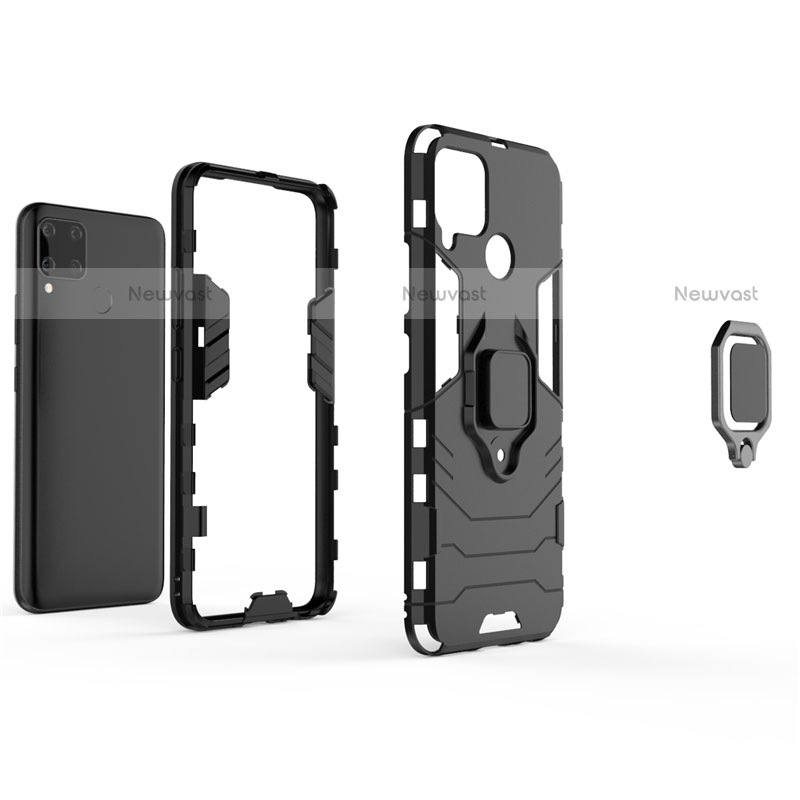 Silicone Matte Finish and Plastic Back Cover Case with Magnetic Finger Ring Stand for Realme C15