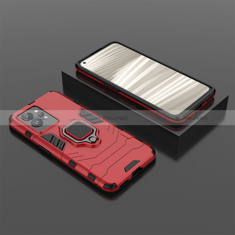 Silicone Matte Finish and Plastic Back Cover Case with Magnetic Finger Ring Stand for Realme GT2 Pro 5G Red