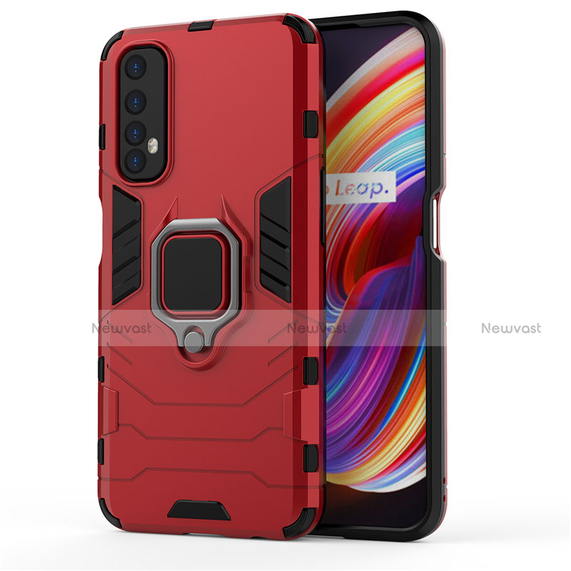 Silicone Matte Finish and Plastic Back Cover Case with Magnetic Finger Ring Stand for Realme Narzo 20 Pro Red