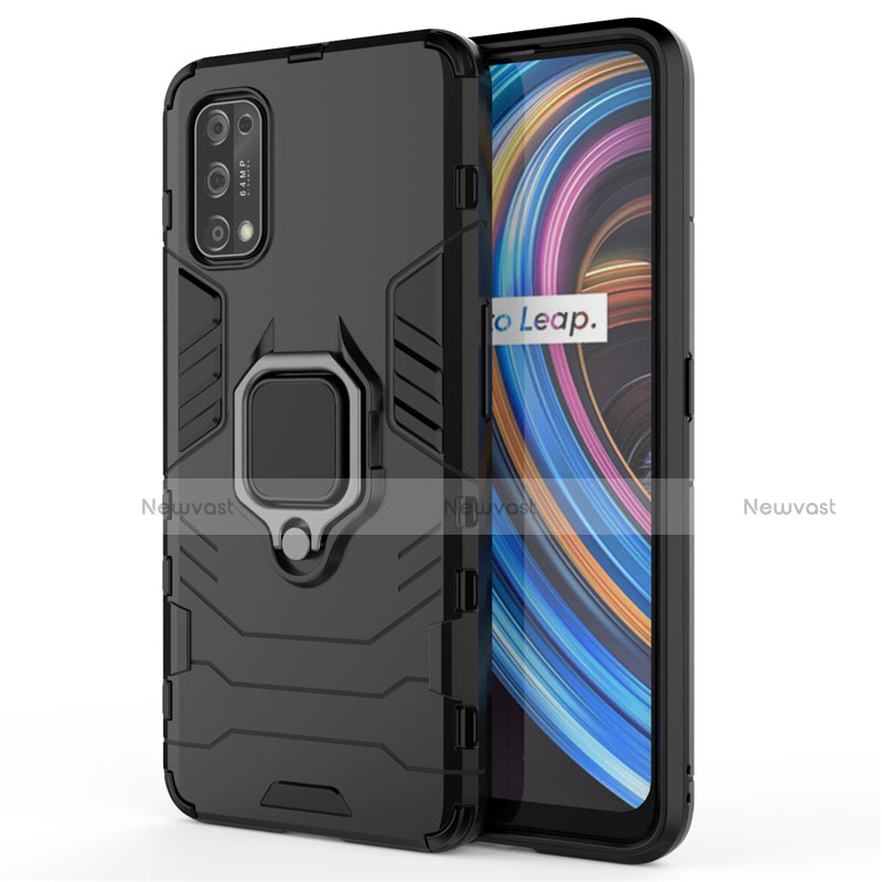 Silicone Matte Finish and Plastic Back Cover Case with Magnetic Finger Ring Stand for Realme Q2 Pro 5G Black
