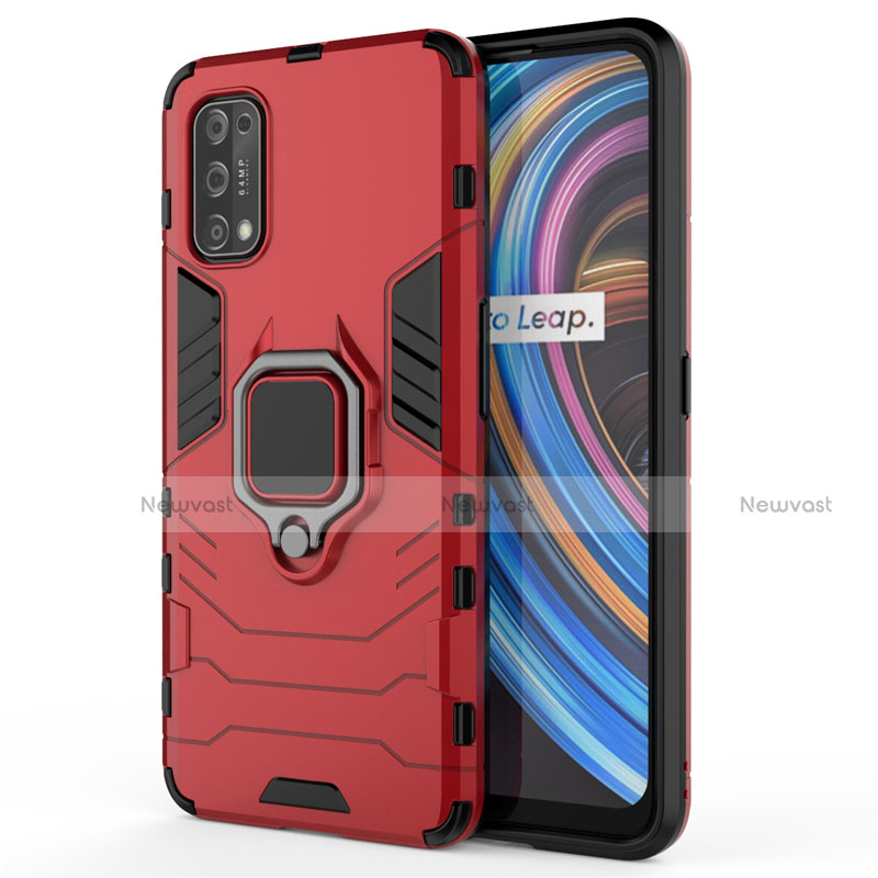 Silicone Matte Finish and Plastic Back Cover Case with Magnetic Finger Ring Stand for Realme Q2 Pro 5G Red