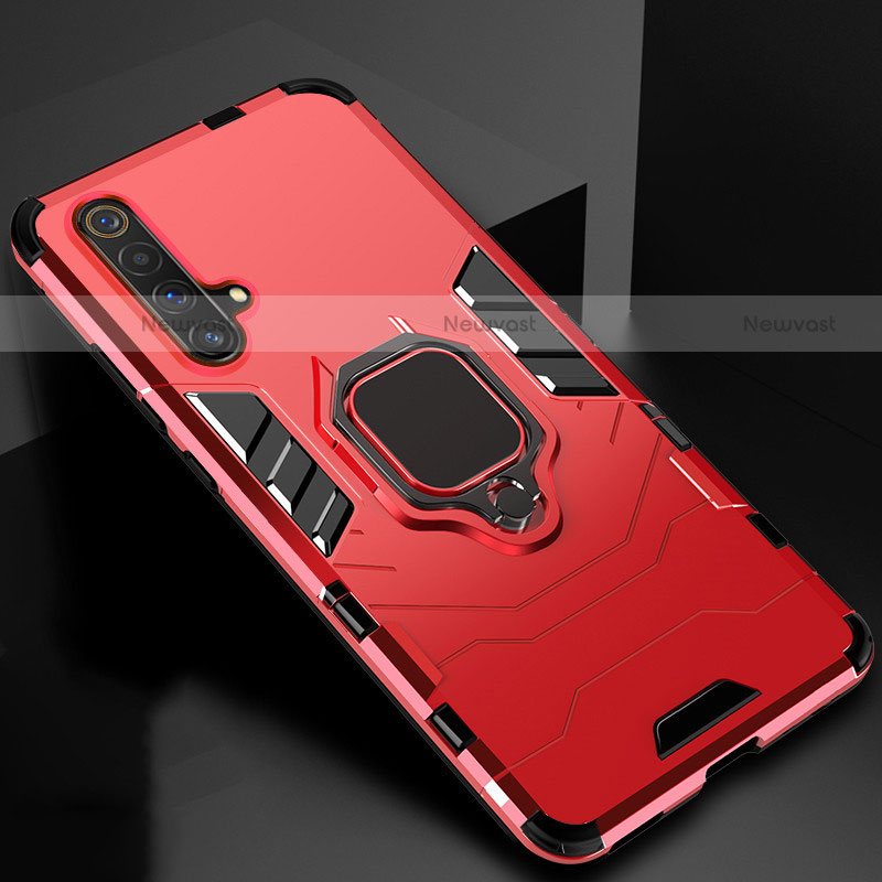 Silicone Matte Finish and Plastic Back Cover Case with Magnetic Finger Ring Stand for Realme X3 Red