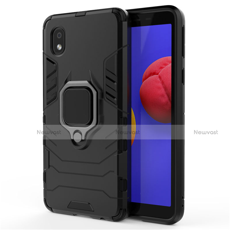 Silicone Matte Finish and Plastic Back Cover Case with Magnetic Finger Ring Stand for Samsung Galaxy A01 Core
