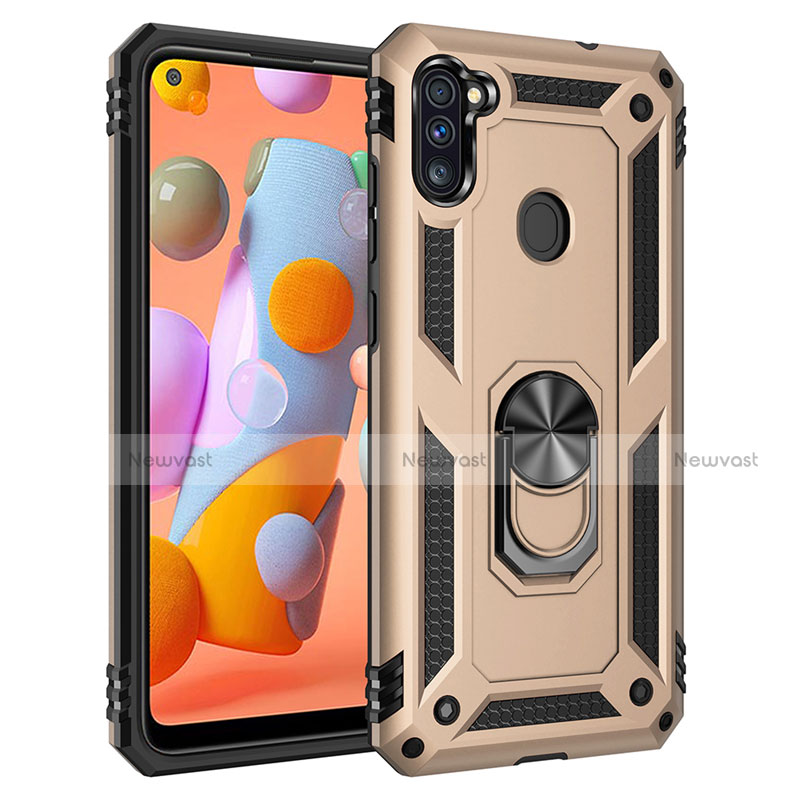 Silicone Matte Finish and Plastic Back Cover Case with Magnetic Finger Ring Stand for Samsung Galaxy A11 Gold
