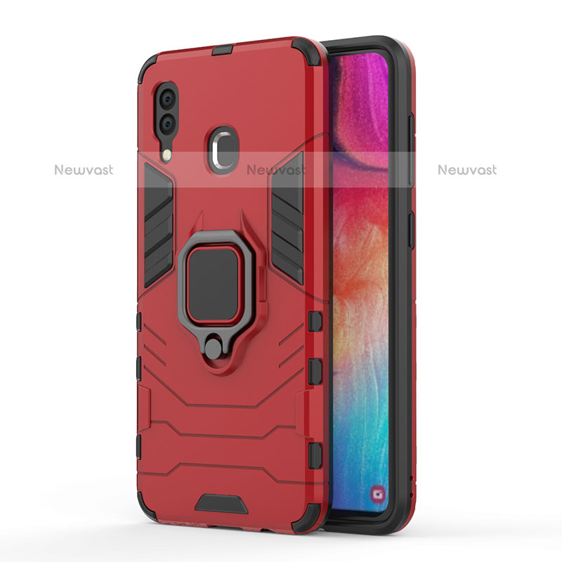 Silicone Matte Finish and Plastic Back Cover Case with Magnetic Finger Ring Stand for Samsung Galaxy A20 Red