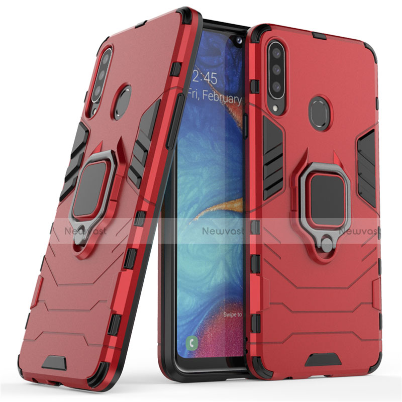 Silicone Matte Finish and Plastic Back Cover Case with Magnetic Finger Ring Stand for Samsung Galaxy A20s